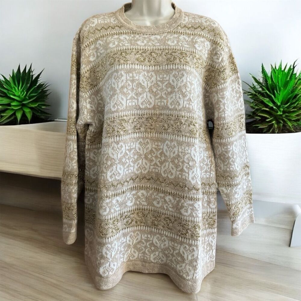 Vintage Carole Little Sport Petites Cream Gold Resortwear Knit Design Sweater